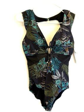 Amoressa Women’s Black/Green Floral One Piece Swimsuit Size 10